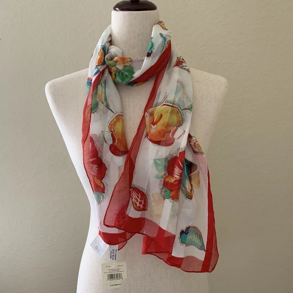 Liz Claiborne Tropical Fish Shells Flowers Rectangular‎ Scarf BNWT
